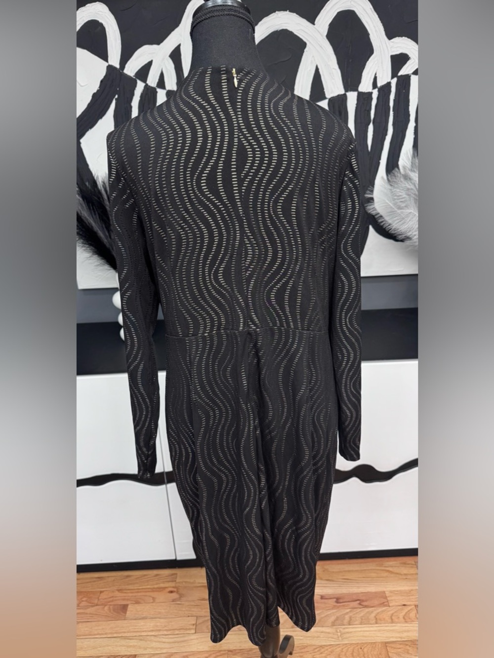 Thalia Sodi Black Gold Sheer Wave Detail Long Sleeve Dress XL Elegant Chic - Picture 4 of 11
